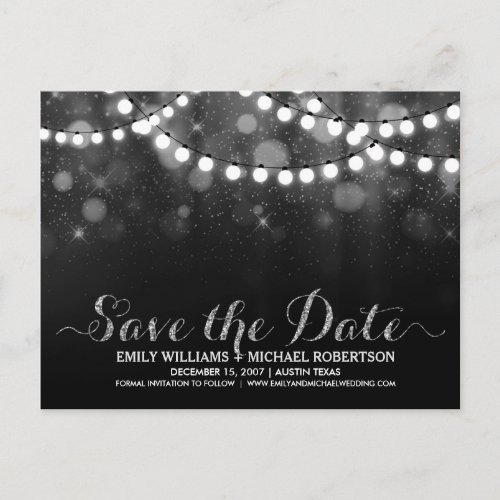 String lights silver bokeh save the date announcement postcard