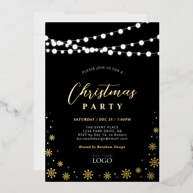 String Lights & Snow | Company Logo Holiday Party  Foil Invitation (Envelope)