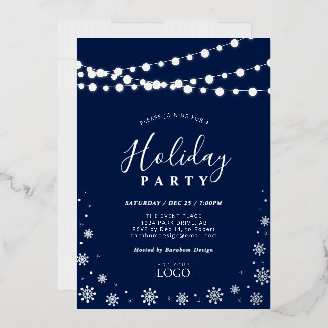 String Lights & Snow | Company Logo Holiday Party  Foil Invitation (Envelope)