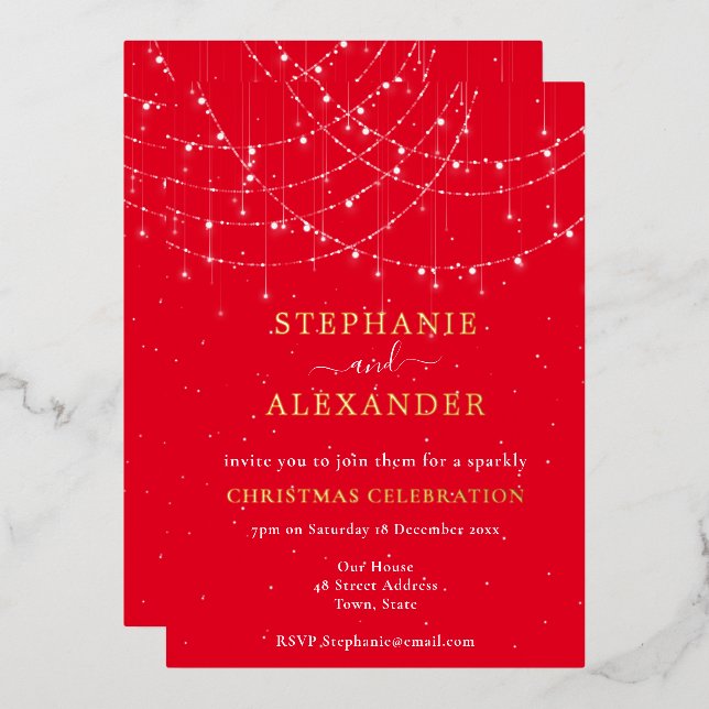 String Lights Snow Red Christmas Party Luxury Real Foil Invitation (Front/Back)