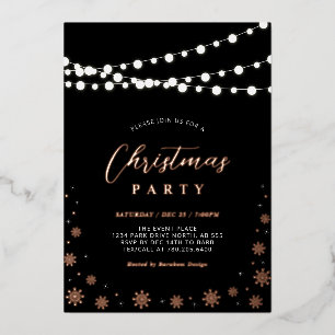 String Lights & Snowflakes Modern Holiday Party Foil Invitation