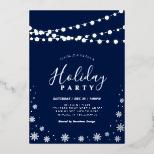 String Lights & Snowflakes Modern Holiday Party Foil Invitation