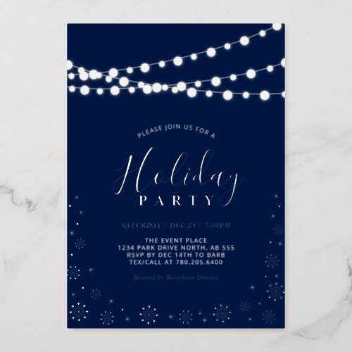 String Lights  Snowflakes  Modern Holiday Party  Foil Invitation