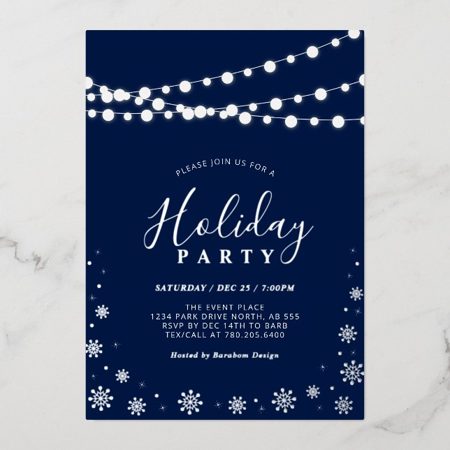 String Lights & Snowflakes | Modern Holiday Party  Foil Invitation (Front)