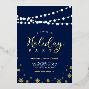 String Lights & Snowflakes Navy Holiday Party Foil Invitation