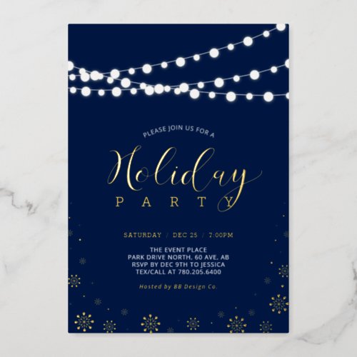 String Lights  Snowflakes Navy Holiday Party   Foil Invitation