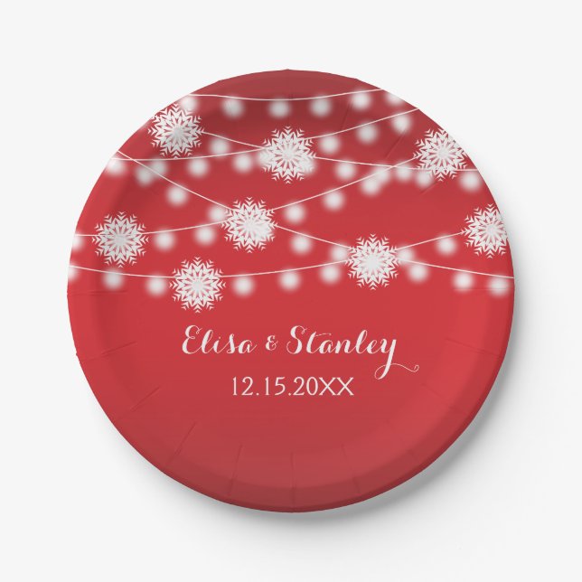 String lights, snowflakes red modern wedding paper plates (Front)