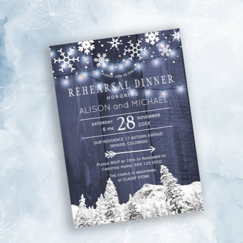 String lights snowflakes winter rehearsal dinner invitation