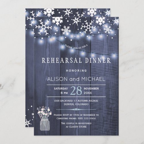 String lights snowflakes winter rehearsal dinner invitation