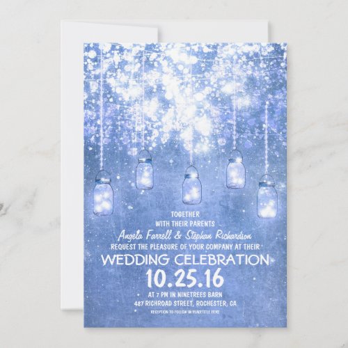 String lights sparkly mason jars wedding invites