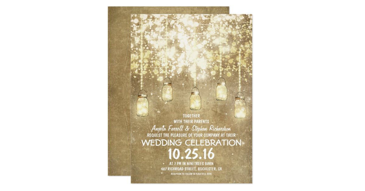 String lights sparkly mason jars wedding invites Zazzle