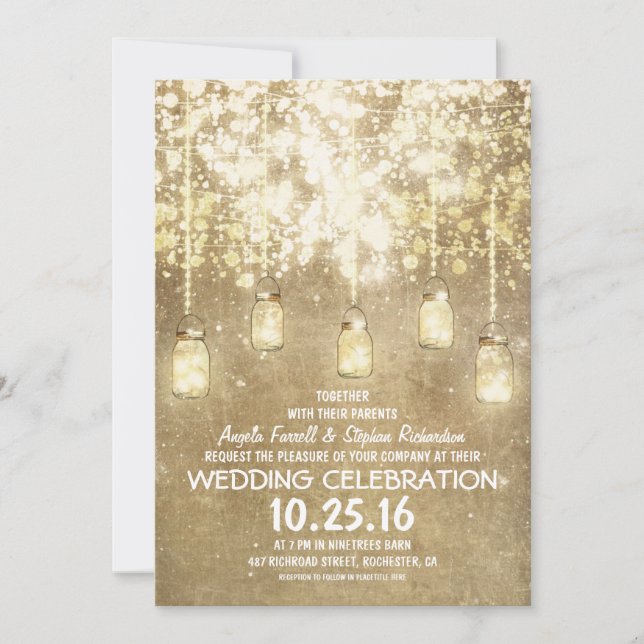 String lights sparkly mason jars wedding invites (Front)