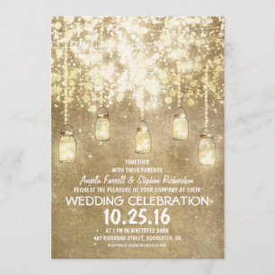 String lights sparkly mason jars wedding invites