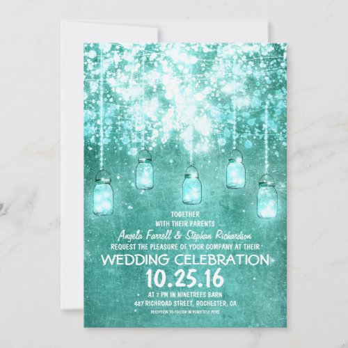 String lights sparkly mason jars wedding invites