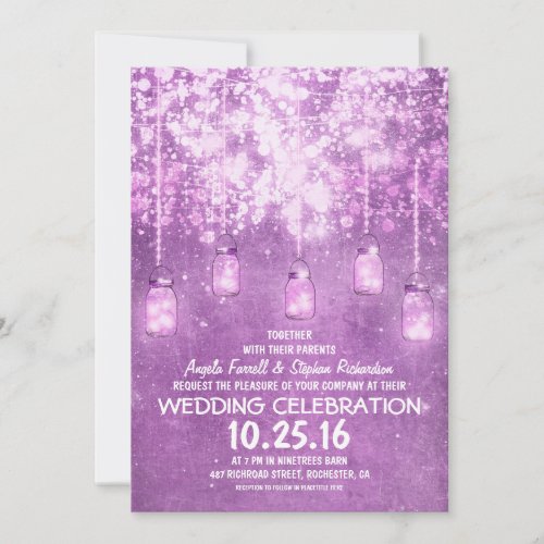 String lights sparkly mason jars wedding invites