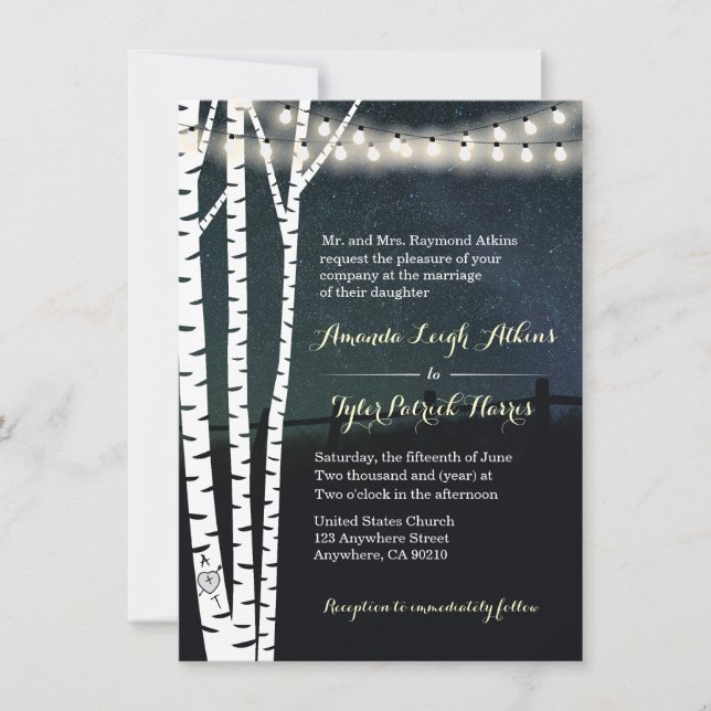 String Lights Stars Birch Tree Wedding Invitations (Front)