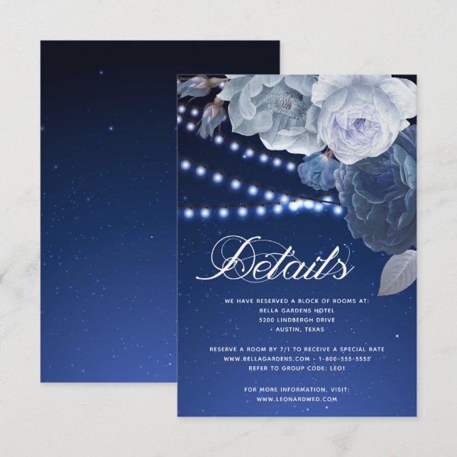 String lights stars Blue Elegant Wedding Details Invitation (Front/Back)