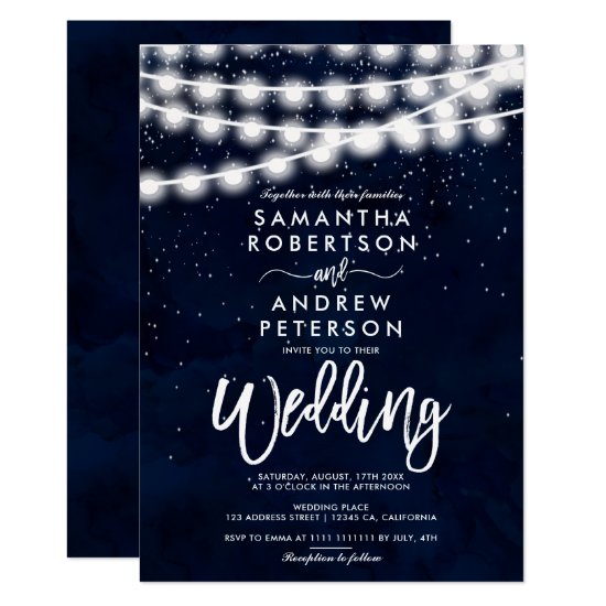 String lights stars navy blue watercolor wedding invitation