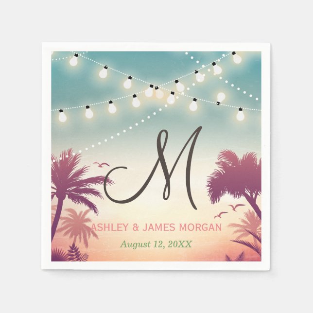 String Lights Summer Outdoor Wedding Monogram Paper Napkins (Front)