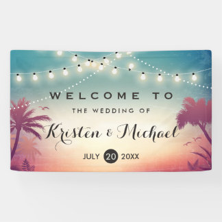 String Lights Summer Palm Trees Wedding Party Banner