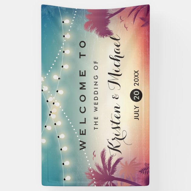 String Lights Summer Palm Trees Wedding Party Banner
