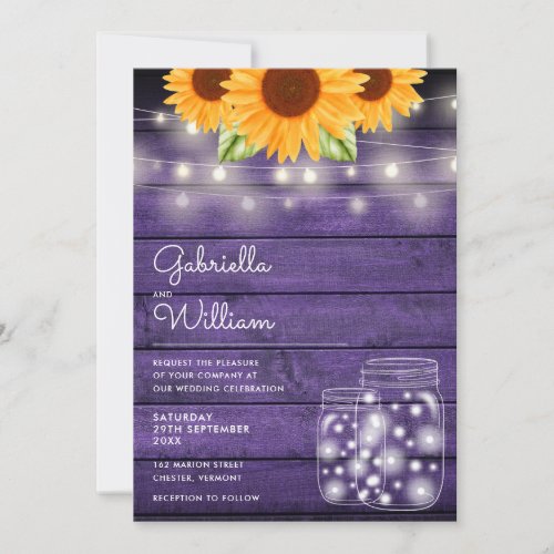 String Lights Sunflower Mason Jars Purple Wedding Invitation