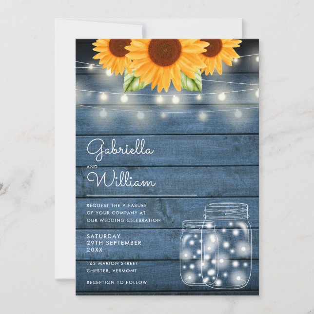 String Lights Sunflower Mason Jars Rustic Wedding Invitation (Front)