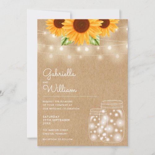 String Lights Sunflower Mason Jars Rustic Wedding Invitation