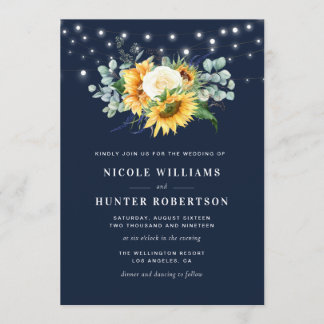 string lights sunflower navy blue wedding invitation