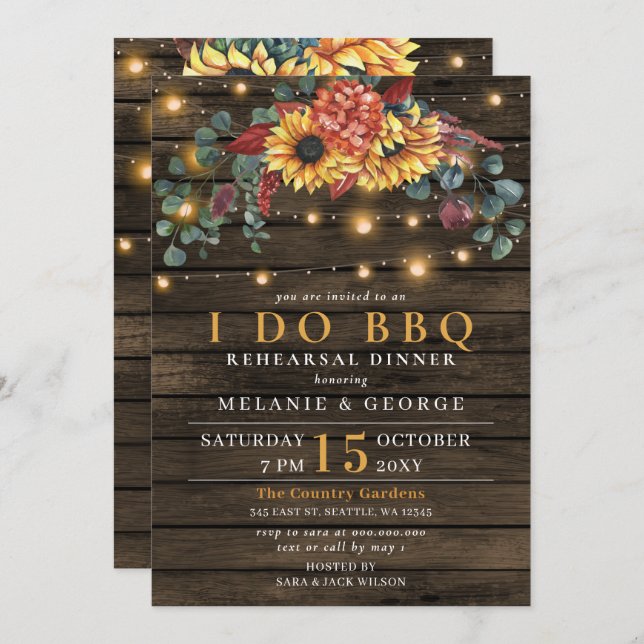 String Lights Sunflowers I DO BBQ Rehearsal Dinner Invitation (Front/Back)