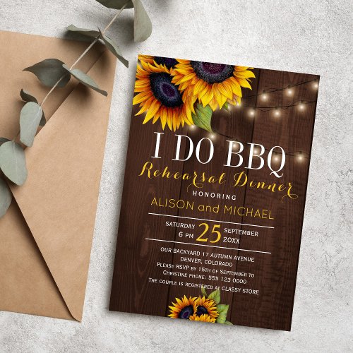 String lights sunflowers i do bbq rehearsal dinner invitation