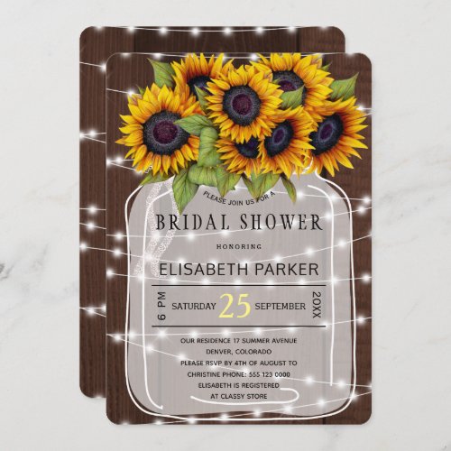 String lights sunflowers mason jar bridal shower invitation
