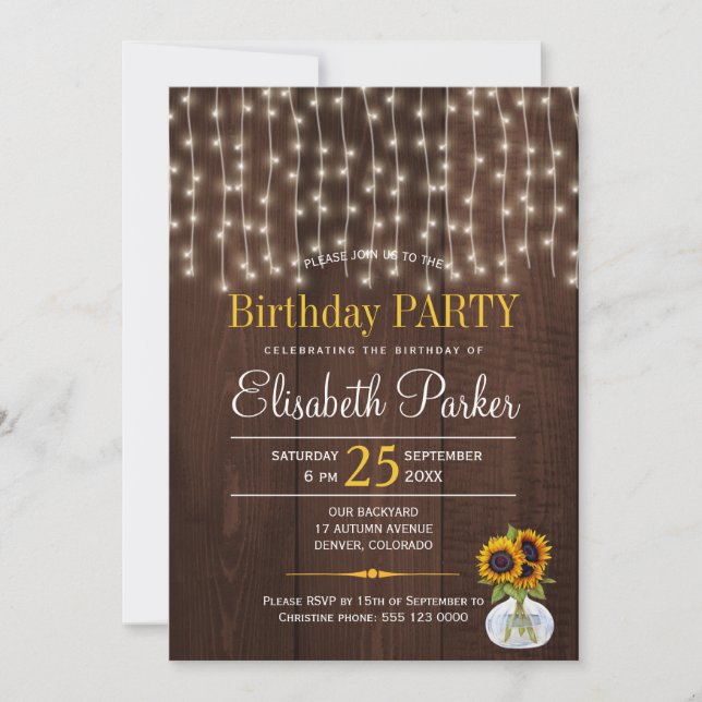 String lights sunflowers rustic birthday party invitation (Front)