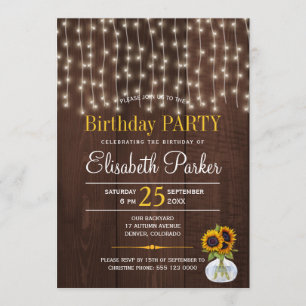 String lights sunflowers rustic birthday party invitation