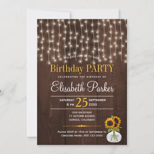 String lights sunflowers rustic birthday party invitation