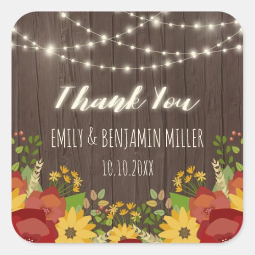 String Lights  Sunflowers Rustic Thank You Square Sticker