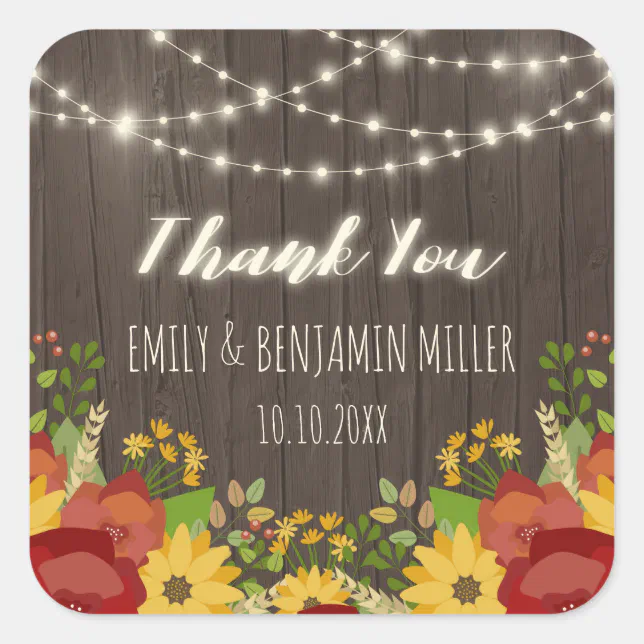 String Lights & Sunflowers Rustic Thank You Square Sticker | Zazzle