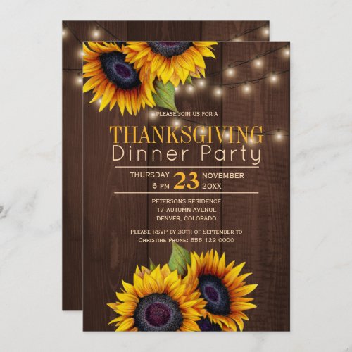 String lights sunflowers rustic thanksgiving party invitation