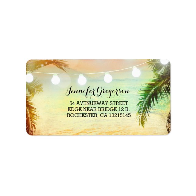 String Lights Sunset Beach Wedding Label (Front)