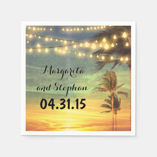 String Lights Sunset Beach Wedding Paper Napkins (Front)
