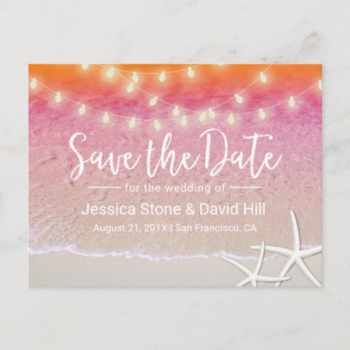 String Lights Sunset Beach Wedding Save the Date Announcement Postcard