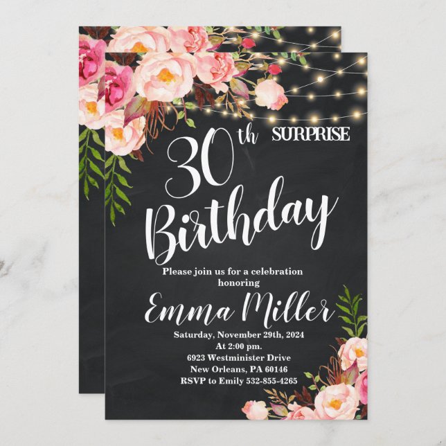 String Lights Surprise 30th Birthday Chalkboard Invitation (Front/Back)