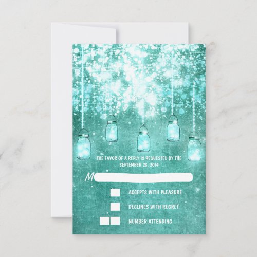 String lights teal mason jars wedding RSVP cards