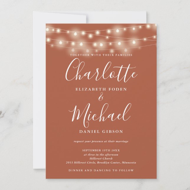 String Lights Terracotta All In One Simple Wedding Invitation (Front)