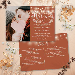 String Lights Terracotta Photo All In One Wedding Invitation