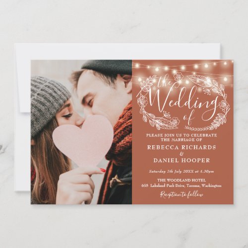 String Lights Terracotta Photo All In One Wedding Invitation