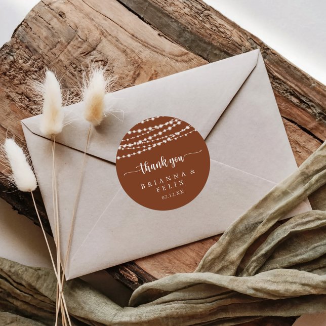 String Lights Terracotta Thank You Wedding Favor   Classic Round Sticker (Creator Uploaded)