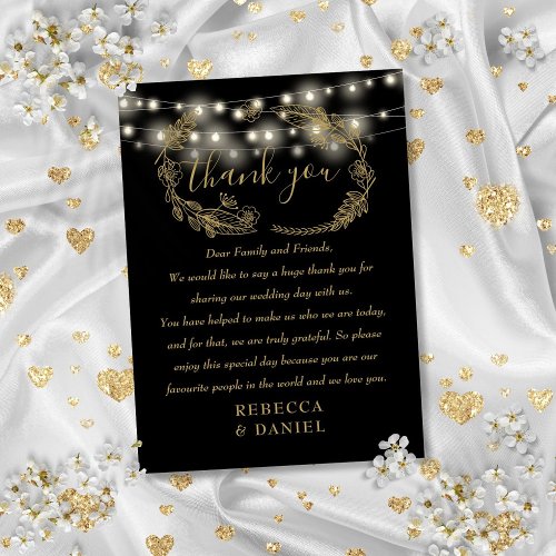 String Lights Thank You Black And Gold Wedding Place Card