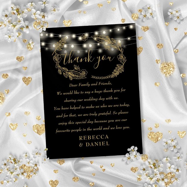 String Lights Thank You Black And Gold Wedding Place Card (String Lights Thank You Black And Gold Wedding Place Card)