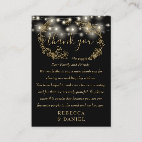 String Lights Thank You Black And Gold Wedding Place Card